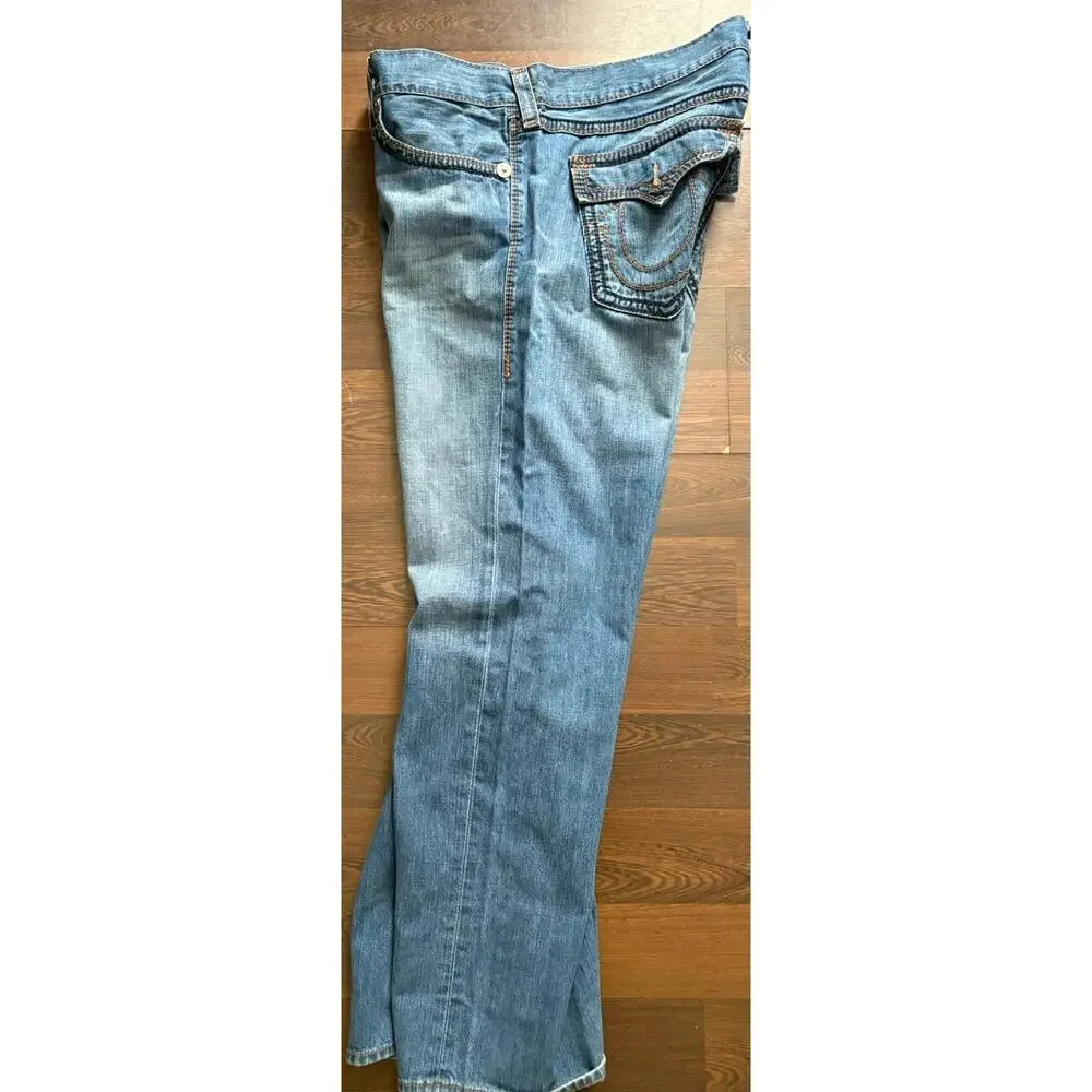Vtg True Religion Big T Jeans 42x35 Faded Light Blue Flap Pocket Bootcut USA